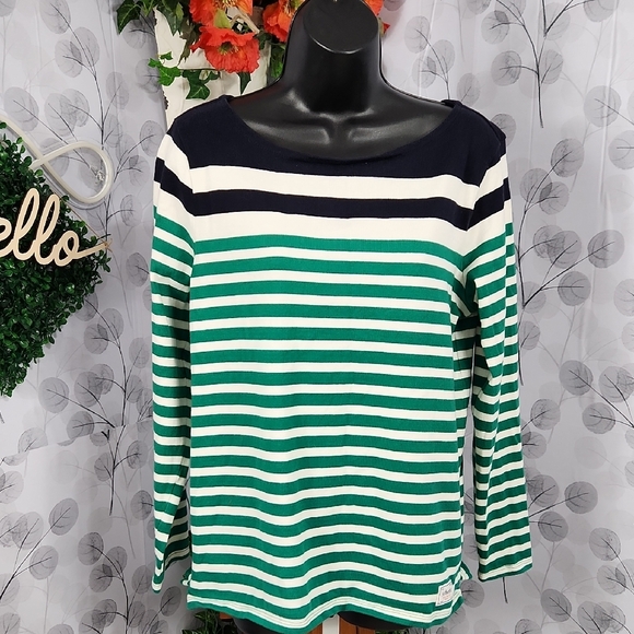 Talots Striped Boat Neck Long Sleeve Tee | Green & White | Medium - Picture 2 of 5